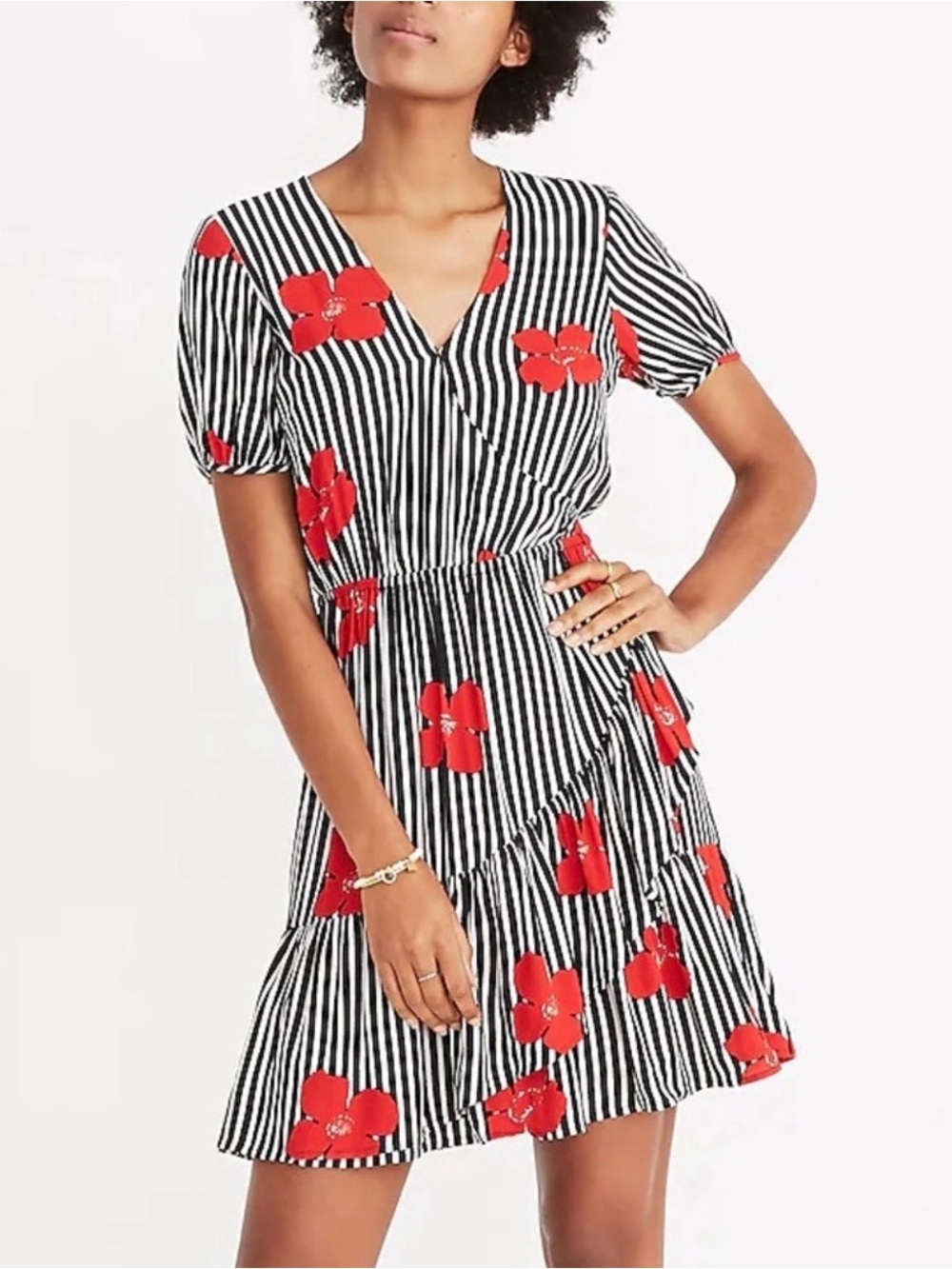 Madewell Black-and-White Striped Mini Dress with Red Floral Print